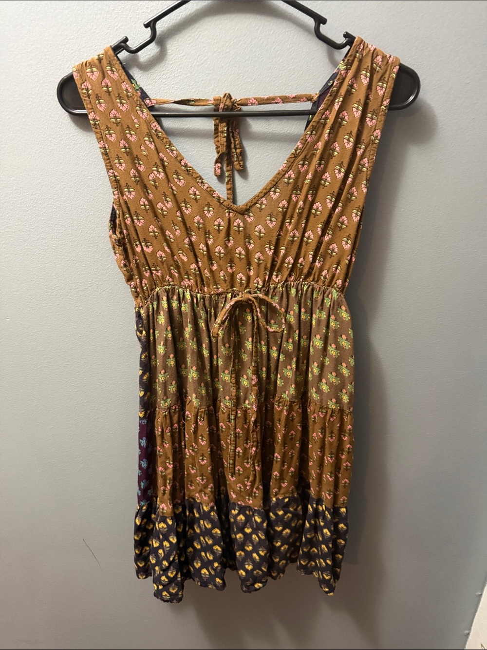 Sacred Threads Mustard Floral V-Neck Tiered Mini Dress